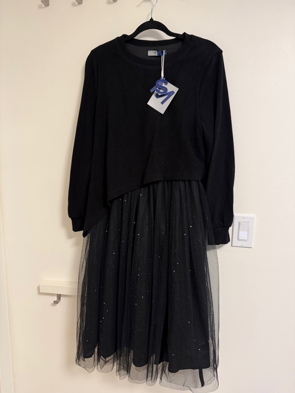 Black Sparkle Tulle Midi Dress with Sweater Overlay